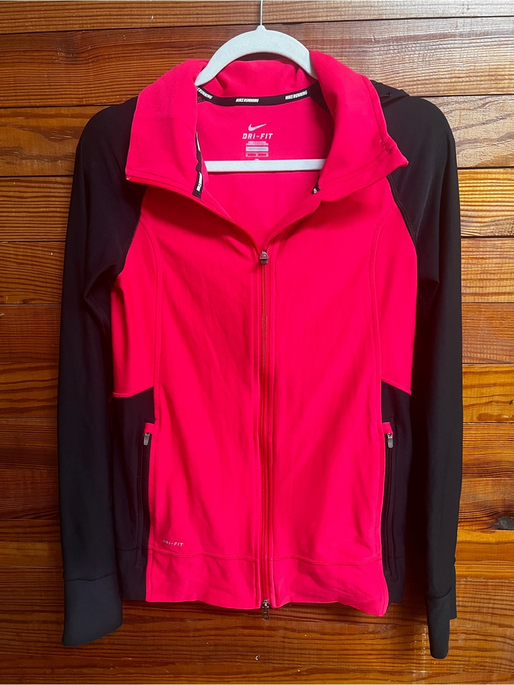 Nike Running Dri-FIT Women’s M Pink Black Full Zip Hooded Jacket Thumbholes